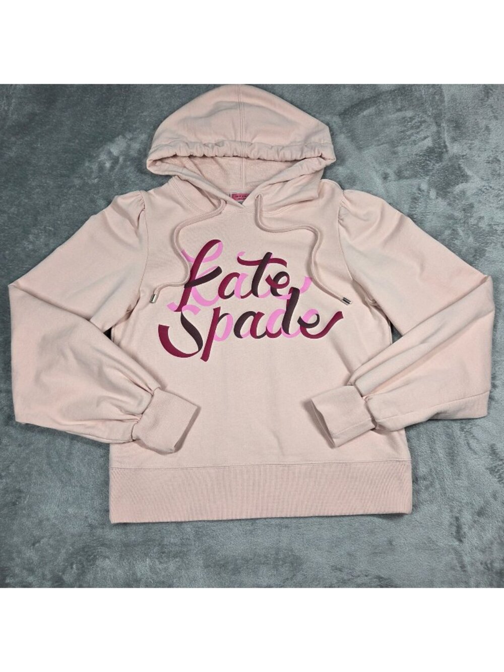 Kate Spade Hoodie Medium Pink Spellout Ribbon Puff Sleeve Preppy Pullover